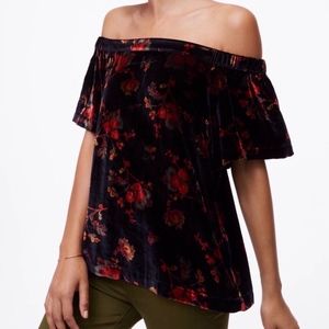 LOFT XS Blouse Velvet Floral Off Shoulder Blue Top